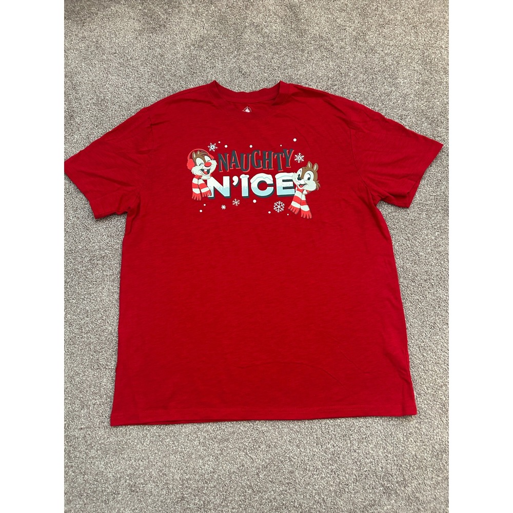 Disney Chip n Dale Shirt Mens Large Red Excellent Naughty n Nice Holiday Graphic